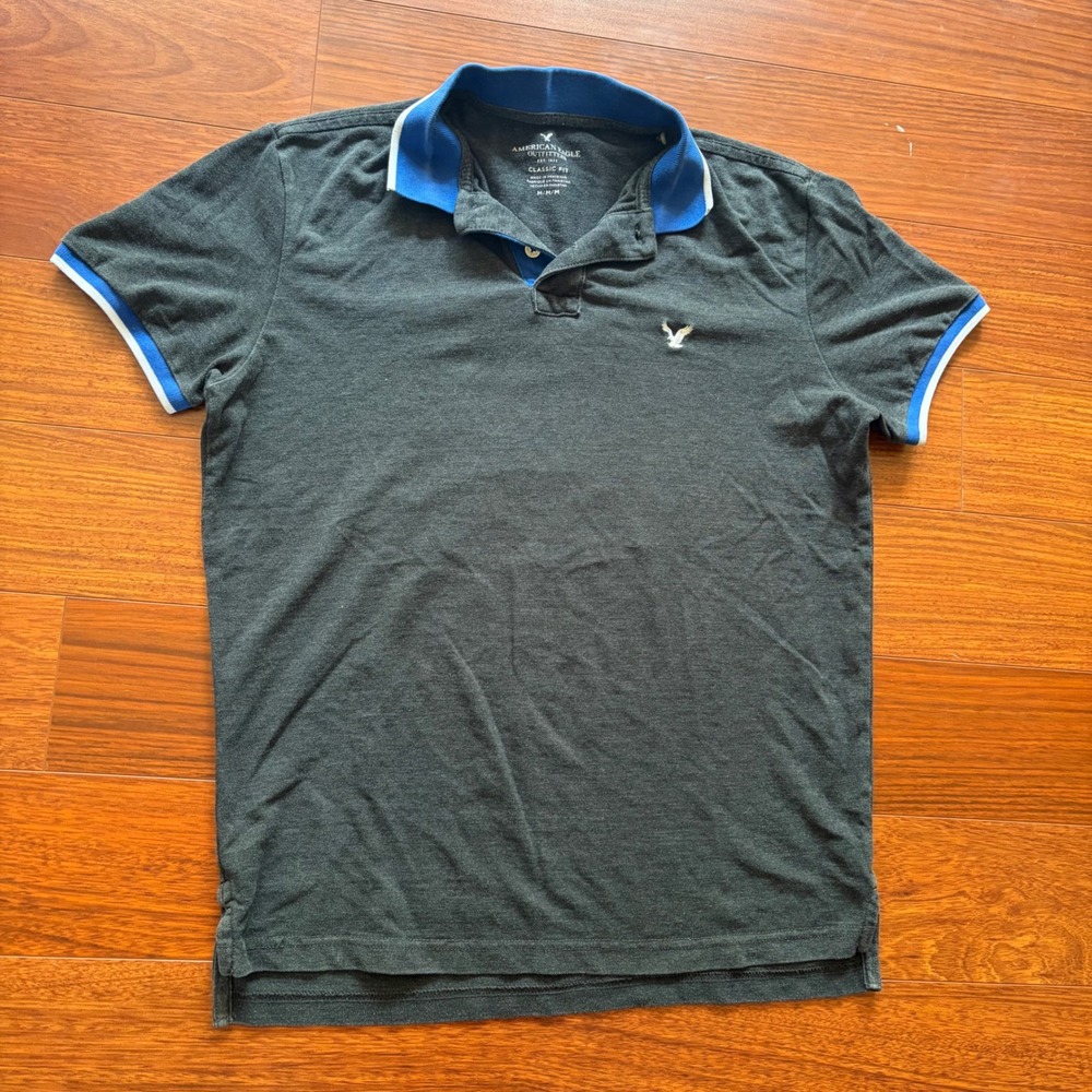Y2K American Eagle Classic Fit Polo Shirt Charcoal Gray Blue Trim Embroidered M